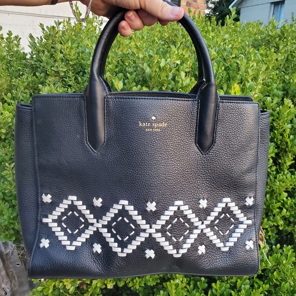 Kate Spade Meriwether Flynn Street Large Leather Tote Purse Bag Black White - Picture 1 of 11